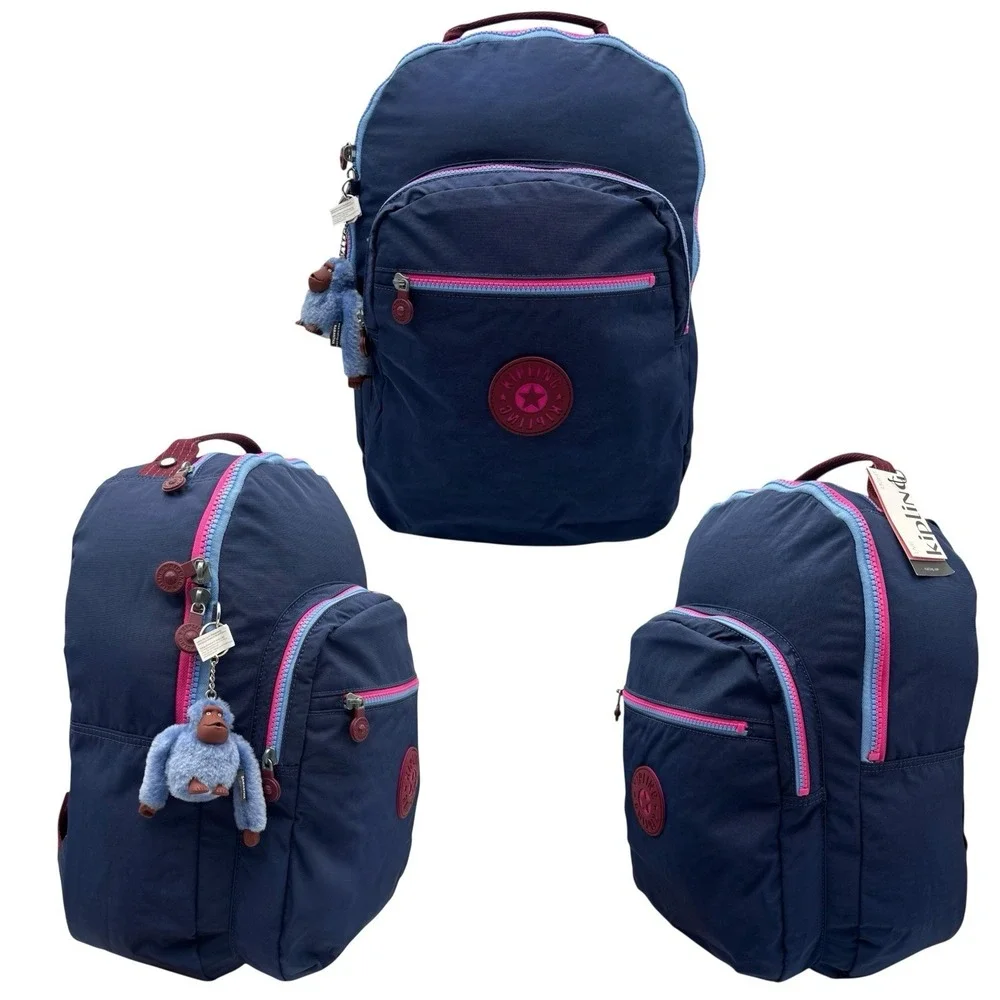Kipling Womens Seoul Large Nylon Backpack Mod Navy Blue Pink 15
